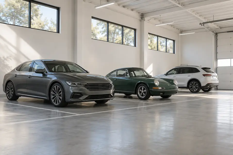 Concept illustration of a bright, organized indoor garage with cars parked in spacious bays.