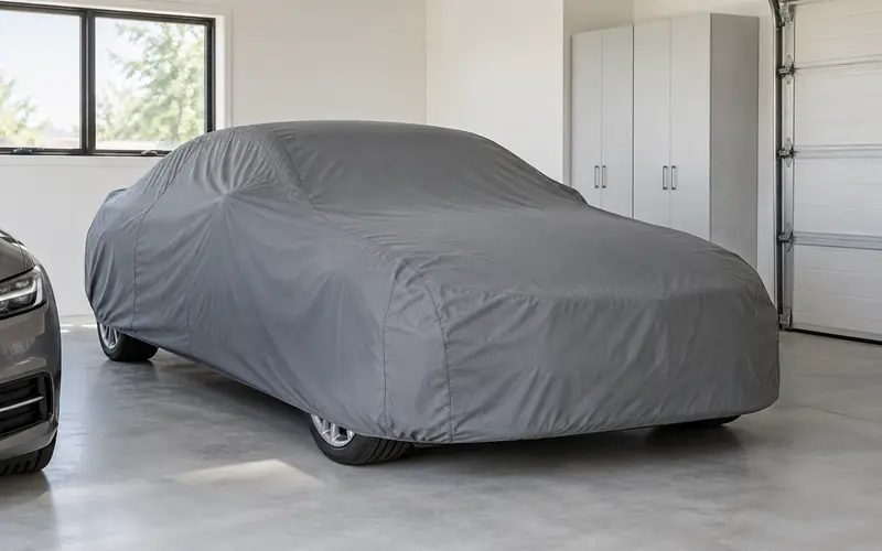 Concept illustration of a neatly covered car protected inside a clean, bright garage.